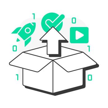 implementación plano contorno concepto icono. eficiencia cohete, productividad. desarrollo, innovación. abierto caja. moderno línea ilustración con verde glifos. conceptual visual. fácil a editar vector