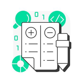 pruebas plano contorno concepto icono. codificación, programación. equilibrar hoja, contabilidad. estadístico diagrama, finanzas. moderno línea ilustración con verde glifos. conceptual visual. fácil a editar vector