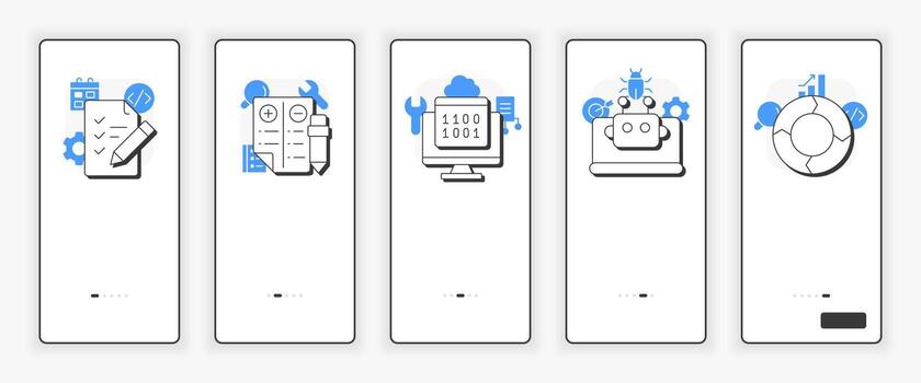 Software testing life cycle mobile onboarding screen. Development technology. UX UI illustration. Flat outline style icons with blue accent vector