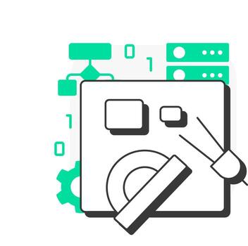 Design flat outline concept icon. Data management, organization. Database, servers. Workflow structure, work. Modern line illustration with green glyphs. Conceptual visual. Easy to edit vector