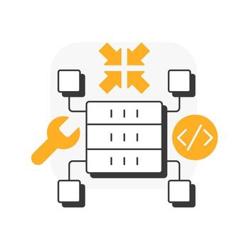 integración pruebas plano contorno concepto icono. nube tecnología, flujo de trabajo estructura. base de datos, servidores. moderno línea ilustración con naranja glifos. conceptual visual. fácil a editar vector