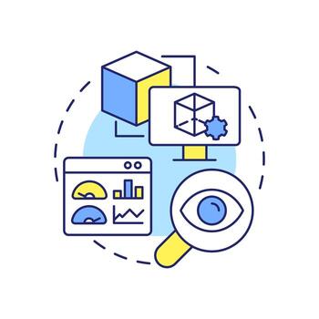 prototipo pruebas multi color concepto icono. accediendo producto. tecnología preparación nivel. desarrollo escenario. redondo forma línea ilustración. resumen idea. gráfico diseño. fácil a utilizar en folleto vector