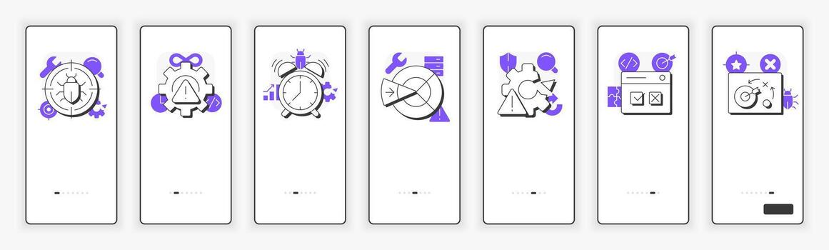 Software testing principles mobile onboarding screen. System usability. UX UI illustration. Flat outline style icons with purple accent vector