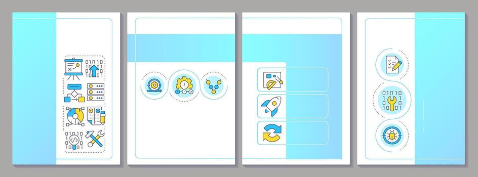 software desarrollo etapas folleto disposición. programación estructura, codificación. folleto publicidad diseño con color línea iconos editable 4 4 paginas vector