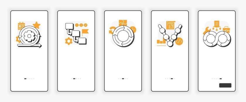 software desarrollo vida ciclo modelos móvil inducción pantalla. programación metodología. ux ui ilustración. plano contorno estilo íconos con naranja acento vector