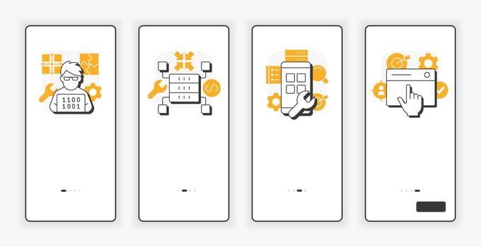 Software testing levels mobile onboarding screen. Programming process. UX UI illustration. Flat outline style icons with orange accent vector