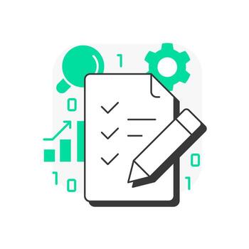 Requirements analysis flat outline concept icon. Task list, brainstorm. Statistical graph, efficiency metric. Modern line illustration with green glyphs. Conceptual visual. Easy to edit vector