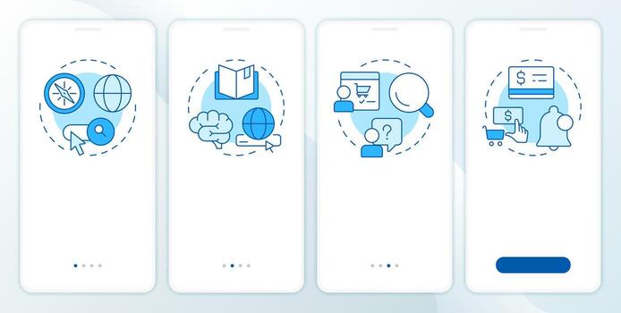 Search intent control blue onboarding mobile app screen. Walkthrough 4 steps editable graphic instructions with linear concepts. UI, UX, GUI vector