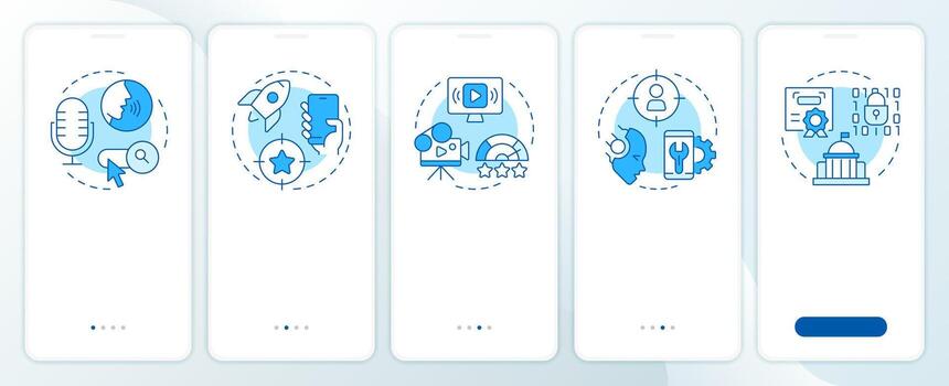 SEM technologies blue onboarding mobile app screen. Voice search. Walkthrough 5 steps editable graphic instructions with linear concepts. UI, UX, GUI vector