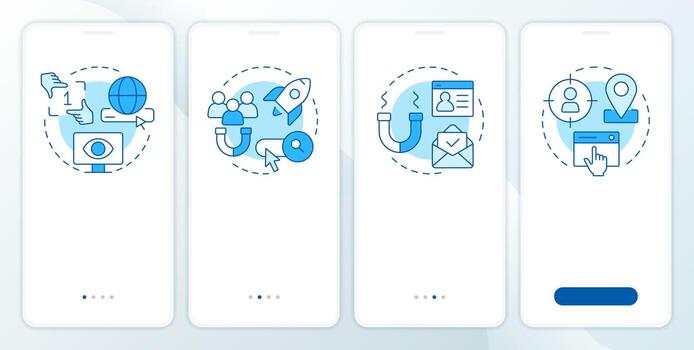 seo márketing beneficios azul inducción móvil aplicación pantalla. recorrido 4 4 pasos editable gráfico instrucciones con lineal conceptos. ui, ux, gui vector
