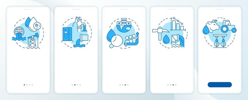 Causes of water scarcity blue onboarding mobile app screen. Eco crisis. Walkthrough 5 steps editable graphic instructions with linear concepts. UI, UX, GUI vector