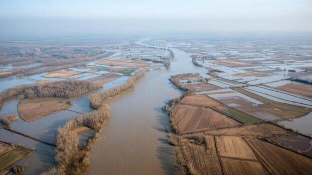 Aerial View Of Flooded Agricultural Landscape With River. Impact Of Flooding On Farmland And Environment photo