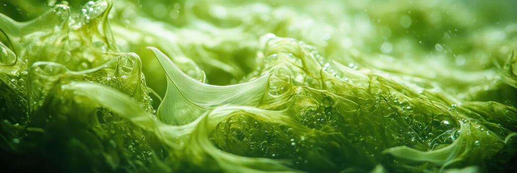 Vibrant green seaweed texture with bubbles in underwater environment concept photo