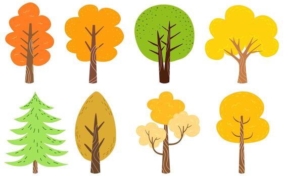 A charming set of stylized trees in various shapes and autumn colors. Perfect for graphic design projects, seasonal backgrounds, and nature-themed illustrations. vector