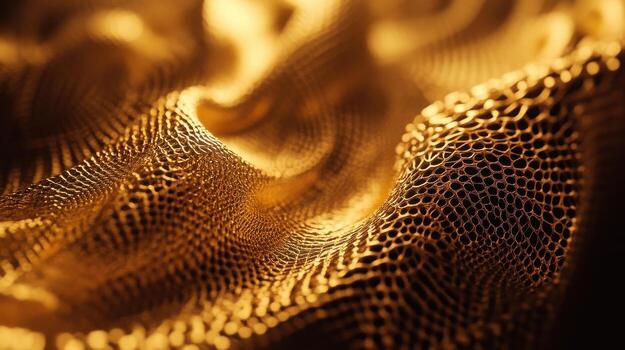 Golden mesh fabric with intricate texture creating undulating waves in soft light photo