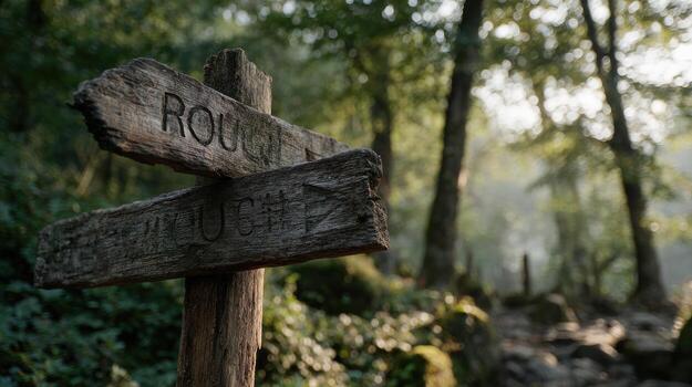 Weathered Wooden Signpost In Forest Pathway. Navigational Guide In Serene Woodland Setting photo