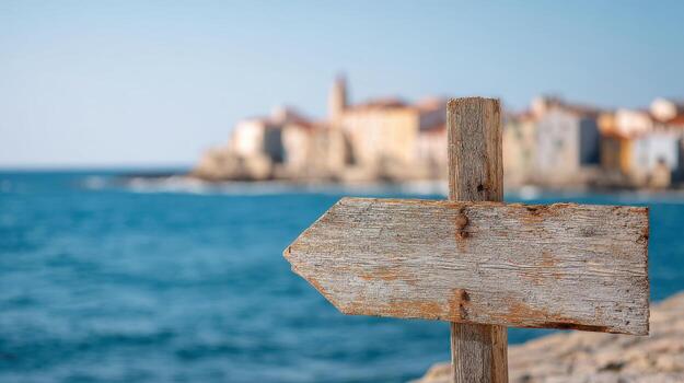Wooden Directional Sign By The Sea With Coastal Town In Background. Navigational Guide In Scenic Coastal Setting photo