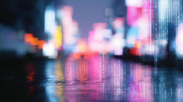 Abstract Digital Cityscape With Neon Lights And Binary Code Overlay. Futuristic Urban Technology Concept photo