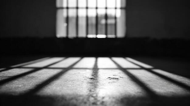 Prison Cell Window Casting Shadows On The Floor. Symbolizes Confinement And Solitude photo
