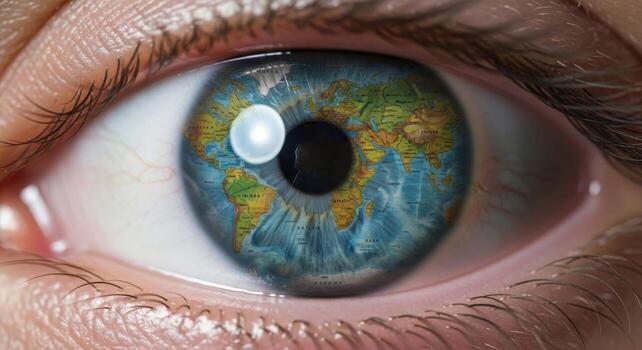 A World of Vision Detailed Macro of a Human Eye with a Global Map Iris. photo