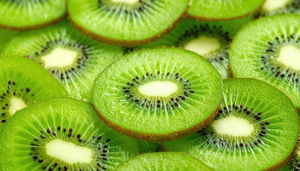 Vibrant Close-Up of Freshly Sliced Kiwi Fruit Revealing Intricate Seed Patterns. photo