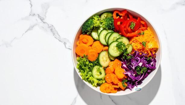 Artfully Arranged Rainbow Salad Bowl Casting a Sharp Shadow on a White Marble Surface. photo