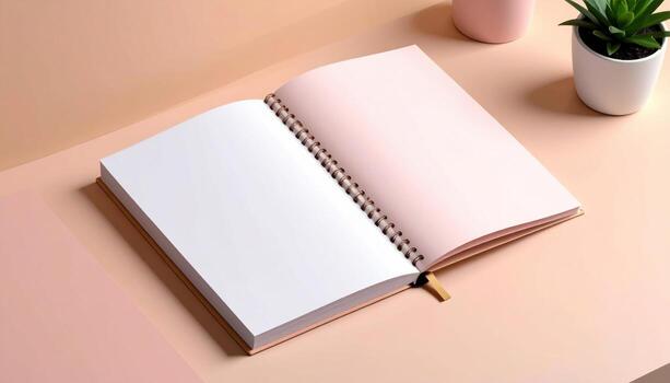 Serene Workspace Flat Lay - Open Spiral Notebook with Blank White and Pink Pages on Peach Desk. photo