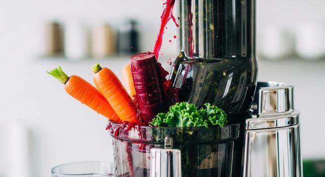 Vibrant Beetroot and Carrot Juice Extraction, Modern Kitchen Setting. photo