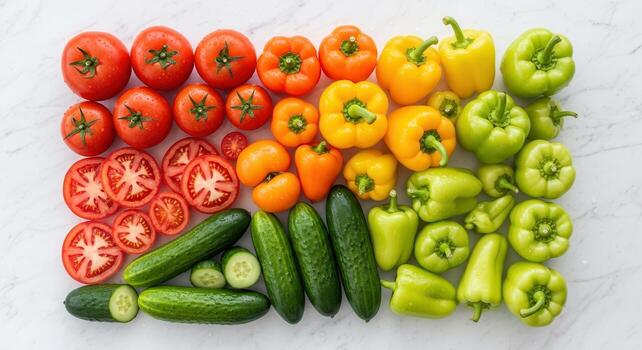 Artistic Harvest Gradient - A Vibrant Flat Lay of Tomatoes, Peppers, and Cucumbers. photo