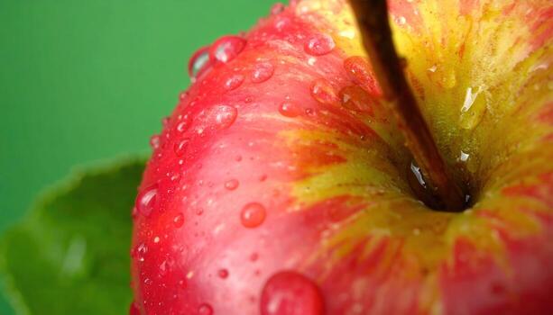 Vibrant Macro of a Dew-Kissed Red and Yellow Apple on a Green Background. photo