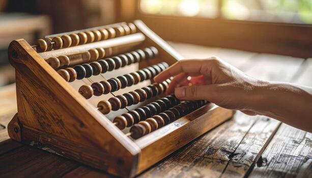 Warm Light Illuminates Hand Using Classic Wooden Abacus for Calculation on Rustic Table. photo