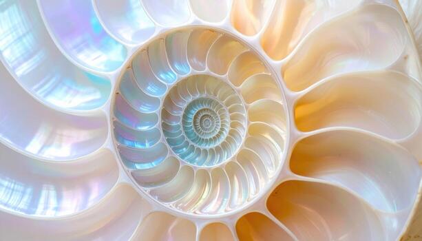 Iridescent Nautilus Shell CrossSection Reveals Fibonacci Spiral and Pearlescent Hues. photo