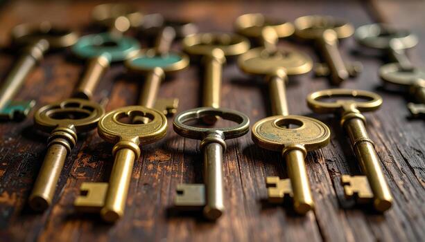 A Gilded Collection of Antique Keys Secrets Resting on Weathered Wood. photo