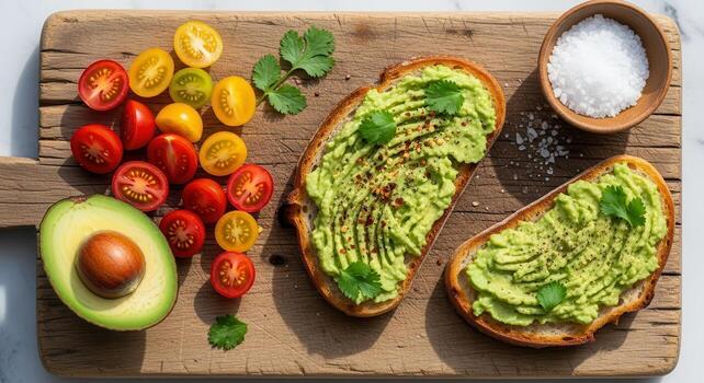 Rustic Avocado Toast with Heirloom Tomatoes - Vibrant Food Photography. photo