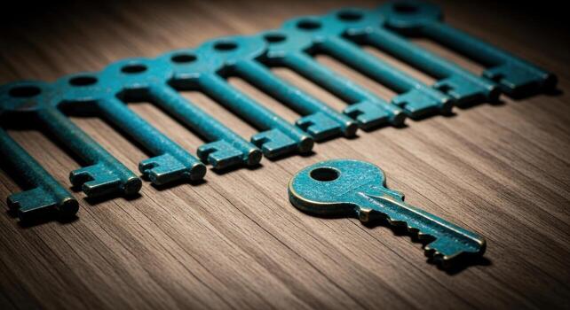 A Single Teal Key with a Verdigris Finish Stands Apart from the Row. photo
