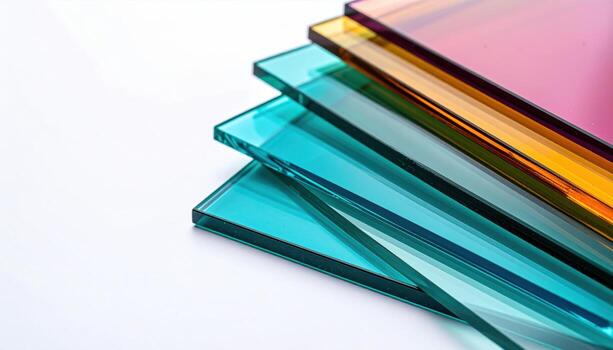 Chromatic Cascade A Diagonal Stack of Vibrant Translucent Glass Panes. photo