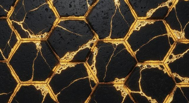 Luminous Molten Gold Flowing Through Cracked Hexagonal Basalt. photo