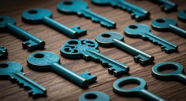 An Ornate Patinated Teal Key Stands Out Among a Collection on Rustic Wood. photo