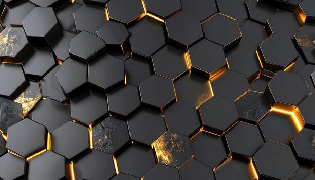 resumen 3d hexágono modelo con brillante oro acentos y textura. foto