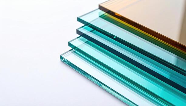 Architectural Glass Samples Layered Teal and Bronze Panes in a Minimalist Diagonal Stack. photo