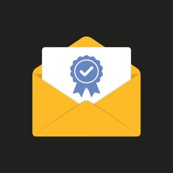 Certificate or Approval Document in Yellow Envelope with Check Badge, Flat Illustration for Email Confirmation, Award Notification, or Official Message Concept vector