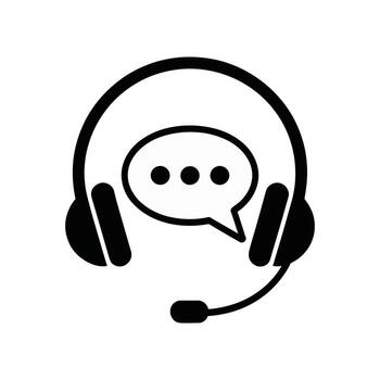Black illustration of headset with microphone and speech bubble symbol representing customer support, call center, online help, communication, service, consultation, and assistance.. vector