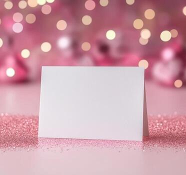 Blank card on pink glitter background with bokeh lights photo