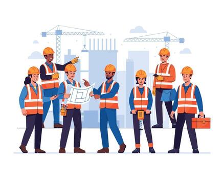 Construction workers with blueprints and tools vector