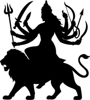 Silhouette of goddess durga riding a lion with multiple arms holding weapons isolated on transparent background vector