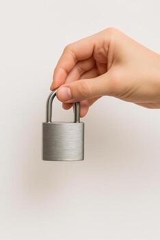 Close-up of a hand holding a closed plain padlock by the shackle on a white background. Security, privacy, protection, access control. Unbranded with copy space. photo