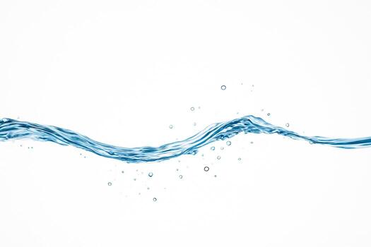 Smooth blue water forms a thin horizontal wave with fine droplets, isolated on a pure white background with ample copy space. photo