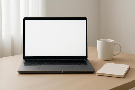 Laptop with empty white screen on a wooden desk near a window, next to a white mug and small notepad. Warm soft daylight, neutral background, clean copy space for UI site mockups. photo