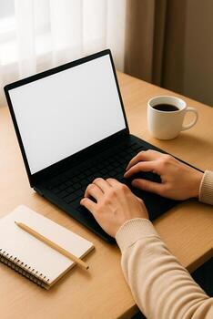 Warm daylight workspace - hands on keyboard, laptop with empty white screen, coffee mug, pencil and notepad on a wooden desk. Clean neutral scene for remote work, study, or UI mockups. photo