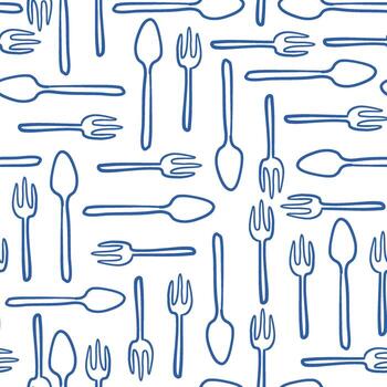 dibujado a mano sin costura modelo con tenedor y cuchara en garabatear estilo vector